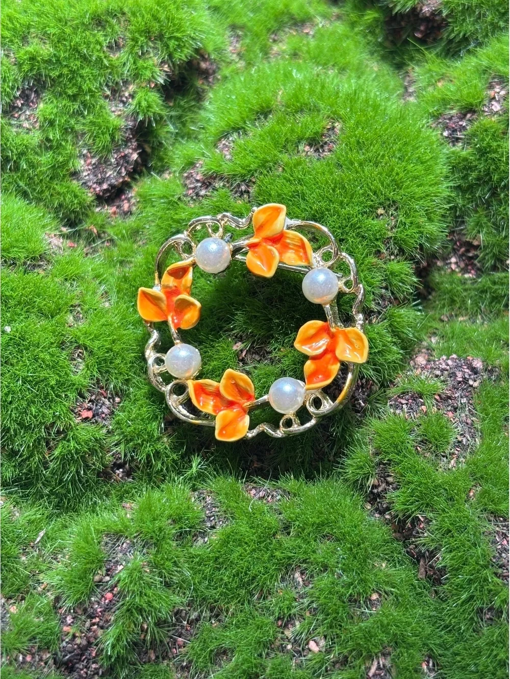 Vintage Floral Wreath Brooch with Orange Enamel Flowers and Faux Pearls